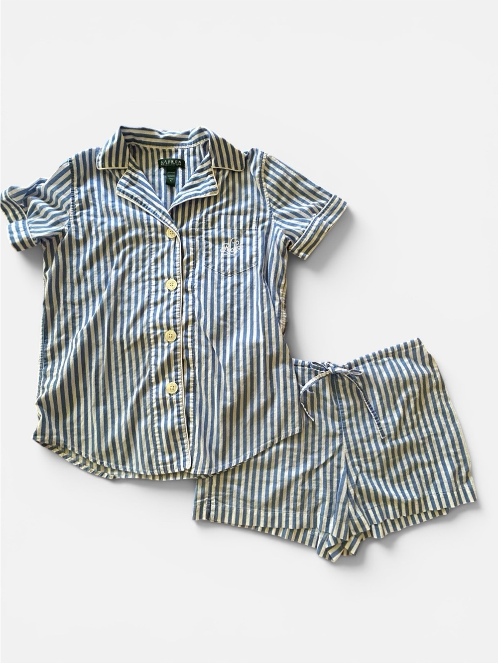 LRL Pajama Short Set Blue and White Stripes Size Small - Picture 2 of 4